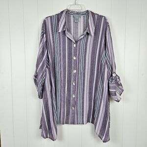 Catherines 4X Purple Shirt Stripes Button Up 3/4 Sleeves Lightweight Breathable
